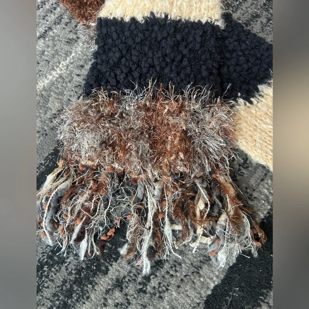 CEJON Chenille Knitted Neutral Color Block Scarf With Fringe At Ends
